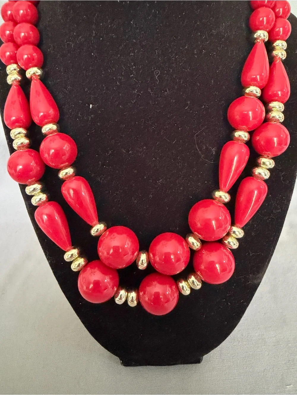 Vintage 80s Red Lucite Beaded Double-Strand Necklace with Gold Accents.